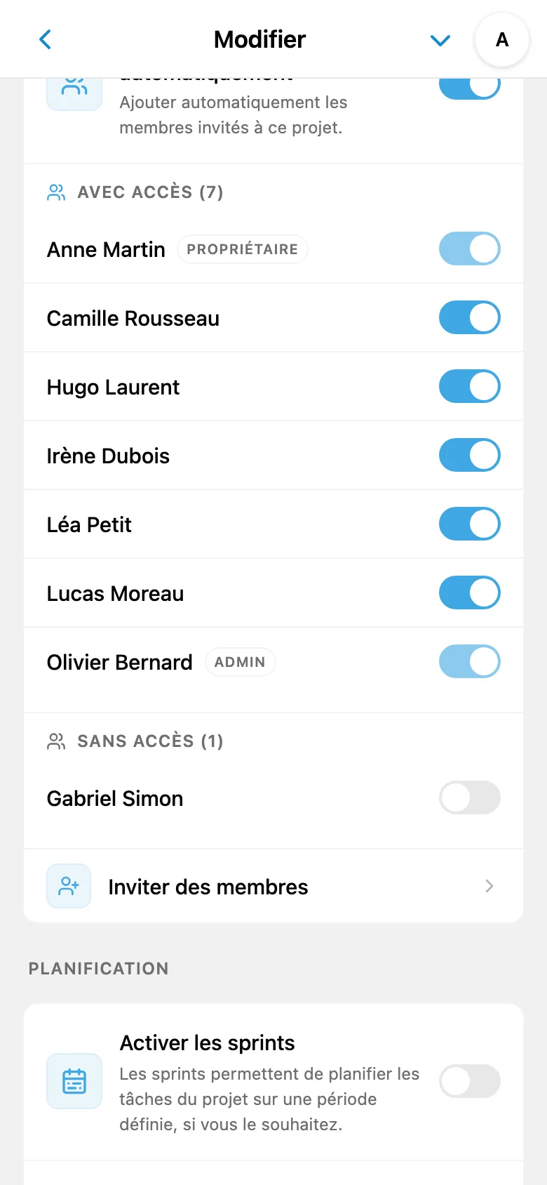 Paramètres d’accès au projet