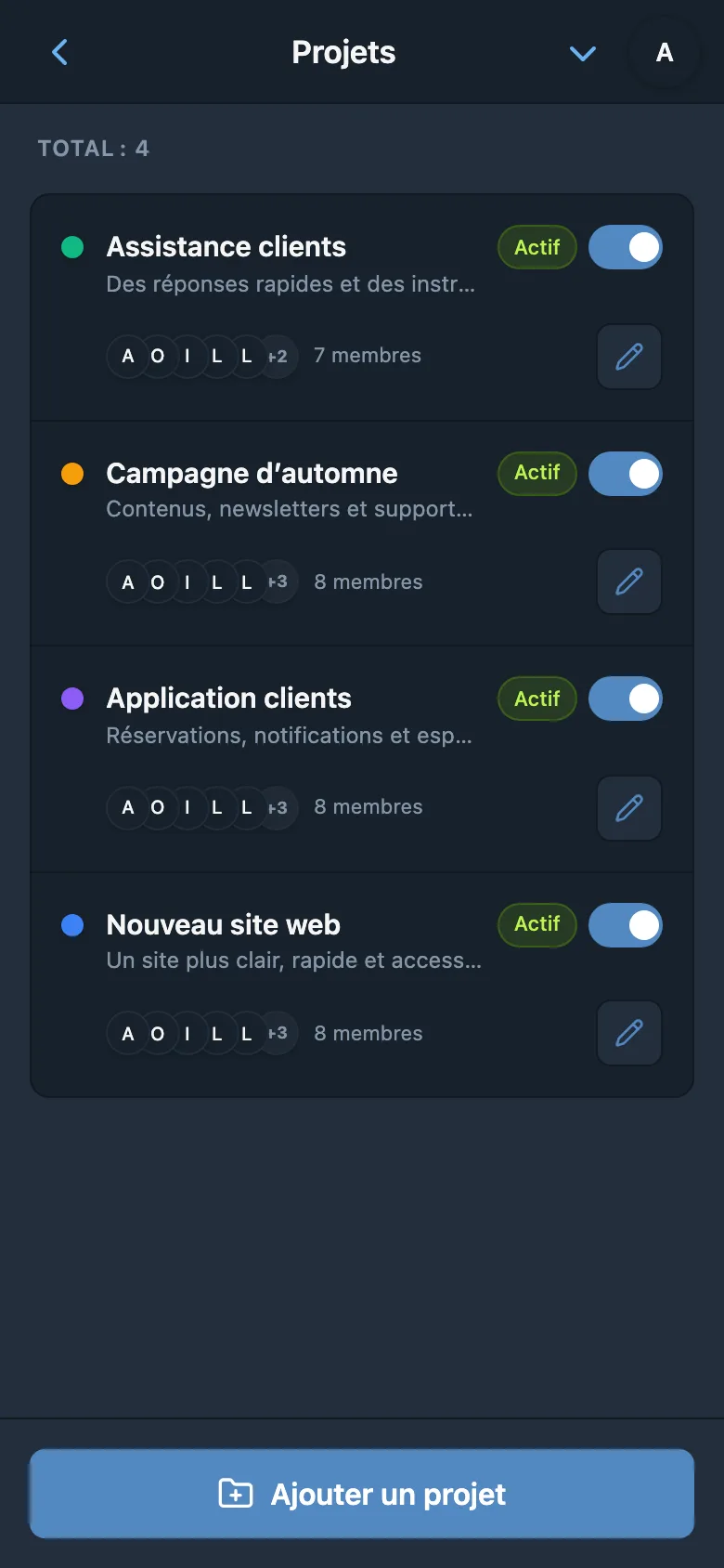 Projets du studio : site web, application clients, campagne d’automne et assistance