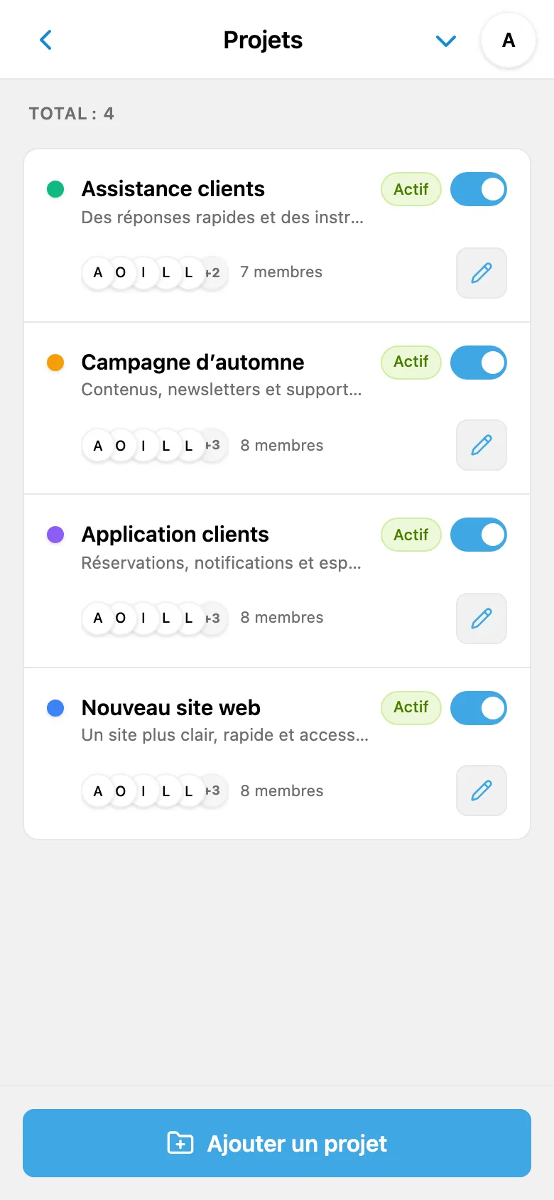 Projets du studio : site web, application clients, campagne d’automne et assistance