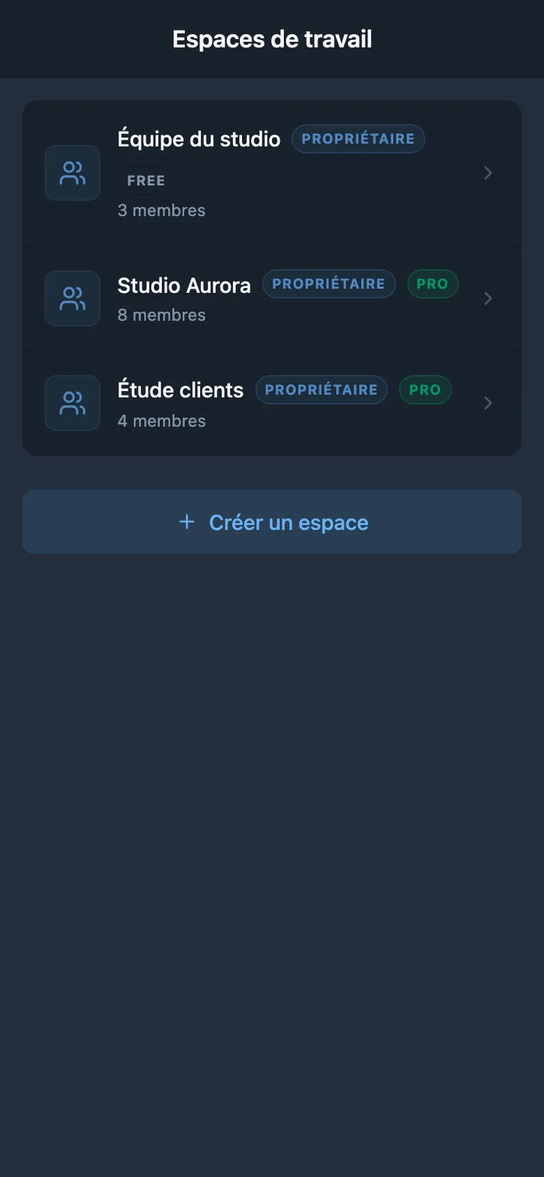 Liste des espaces de travail disponibles