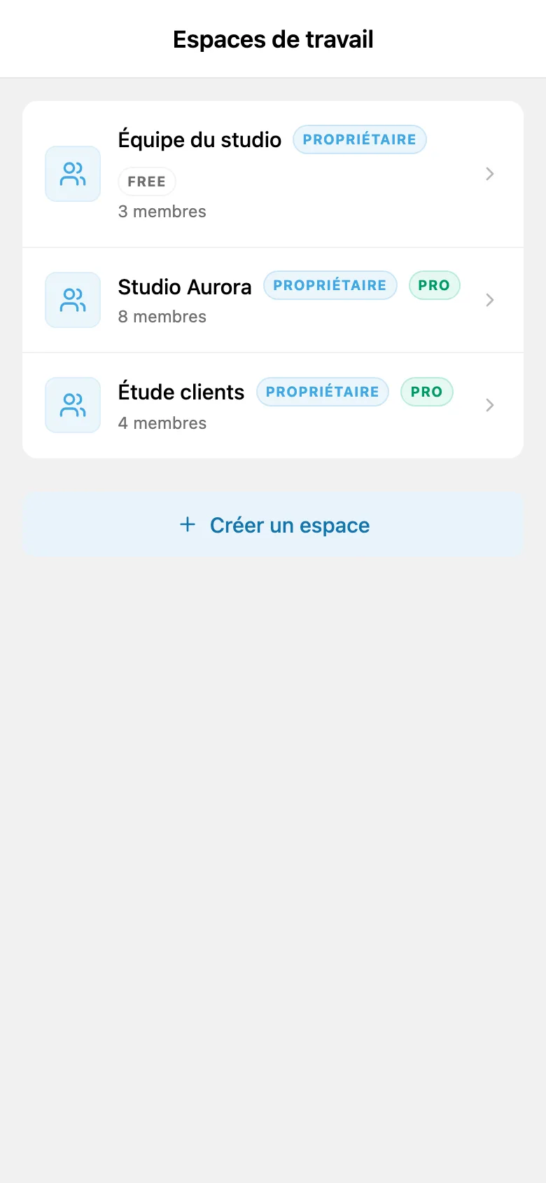 Liste des espaces de travail disponibles