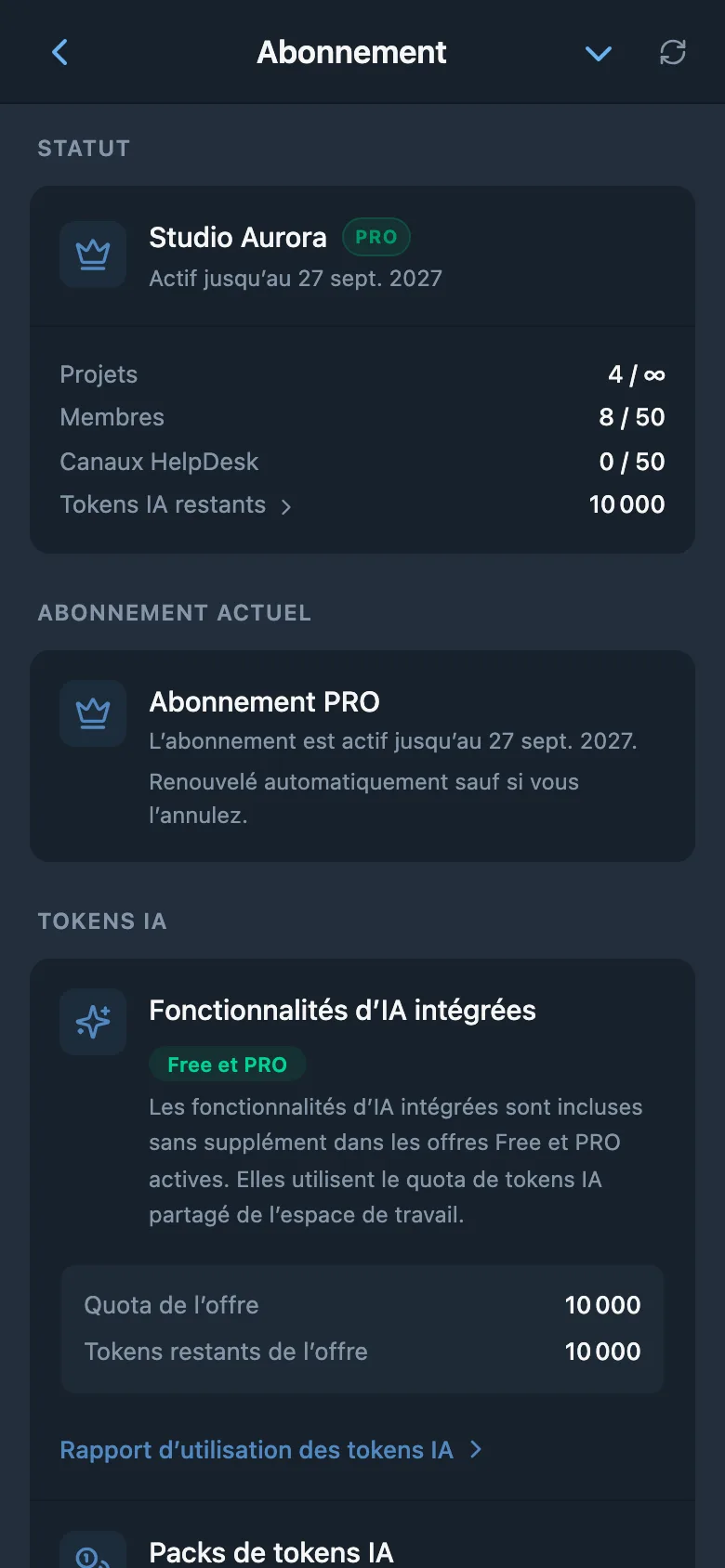 Informations sur l’abonnement de l’espace de travail