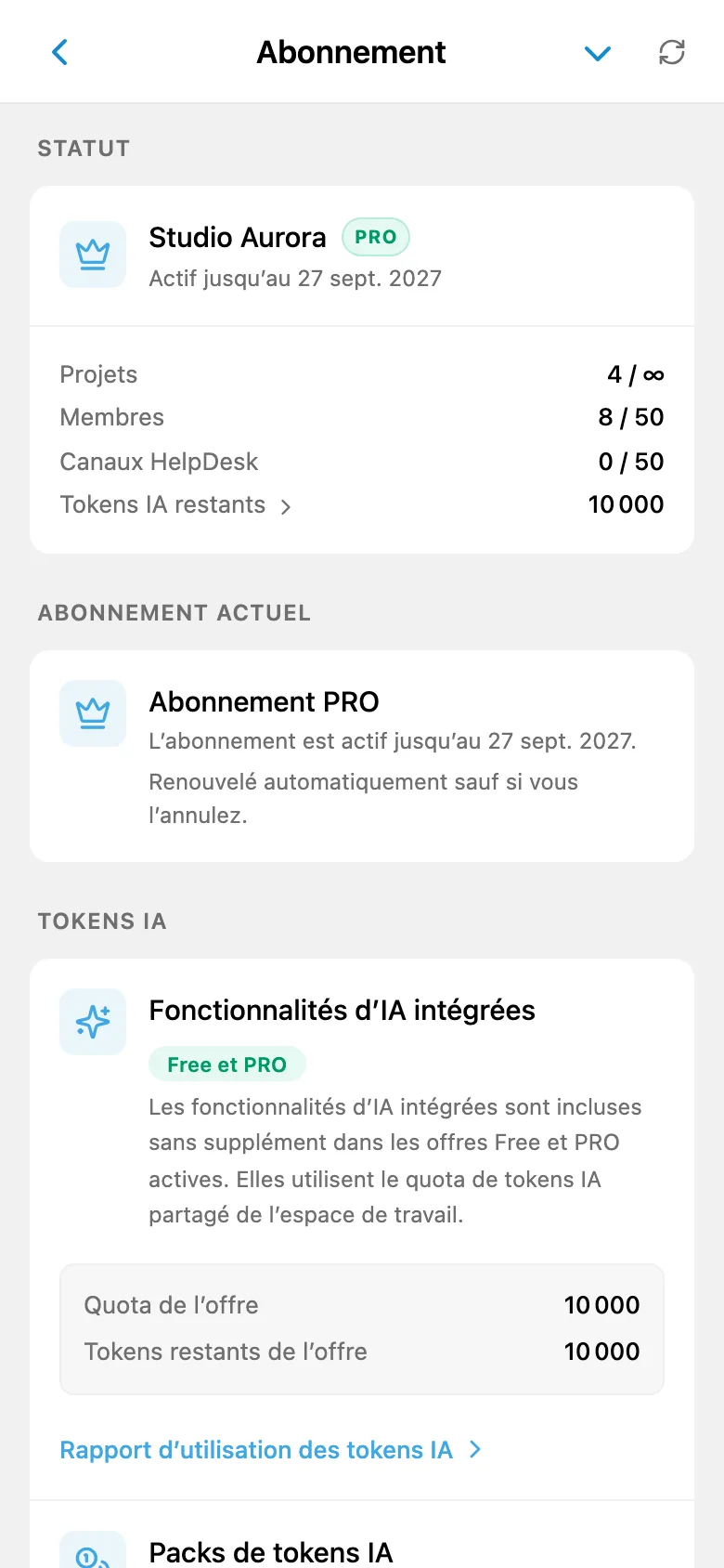 Informations sur l’abonnement de l’espace de travail