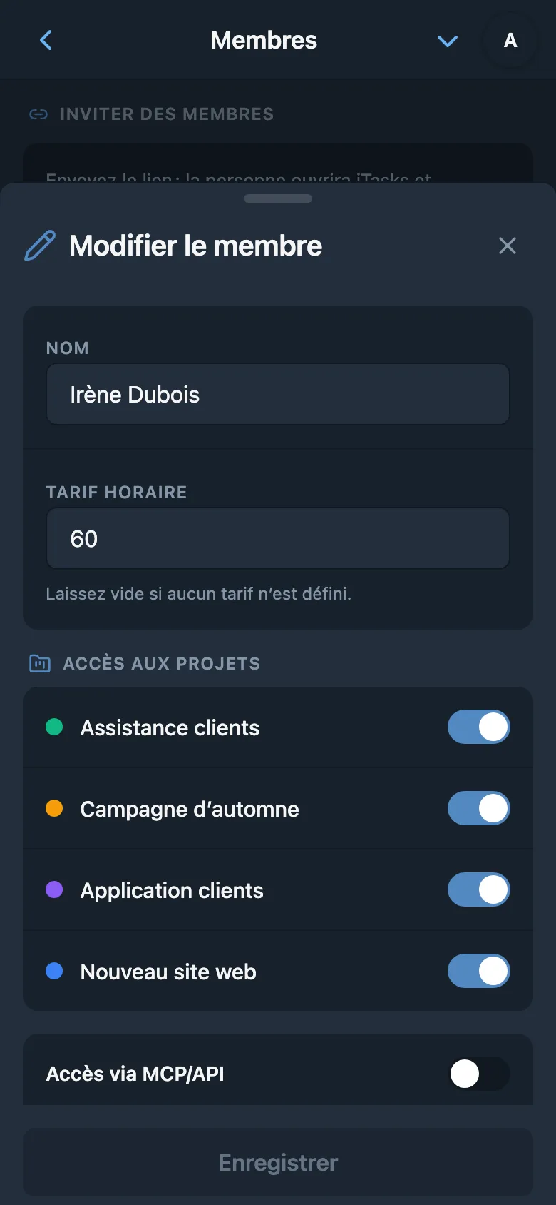 Tarif horaire d’un membre de l’équipe