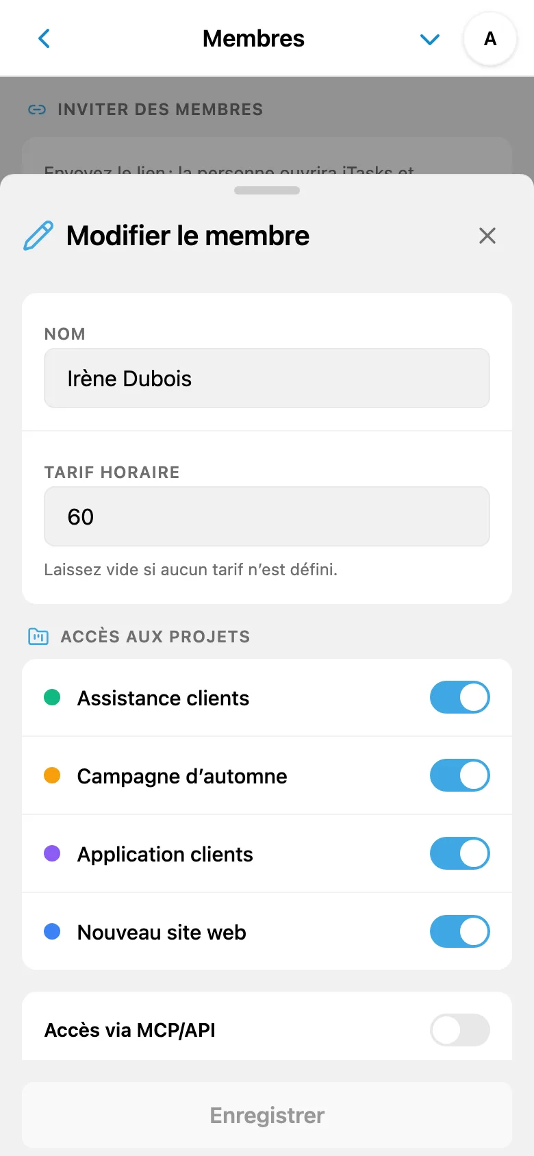 Tarif horaire d’un membre de l’équipe