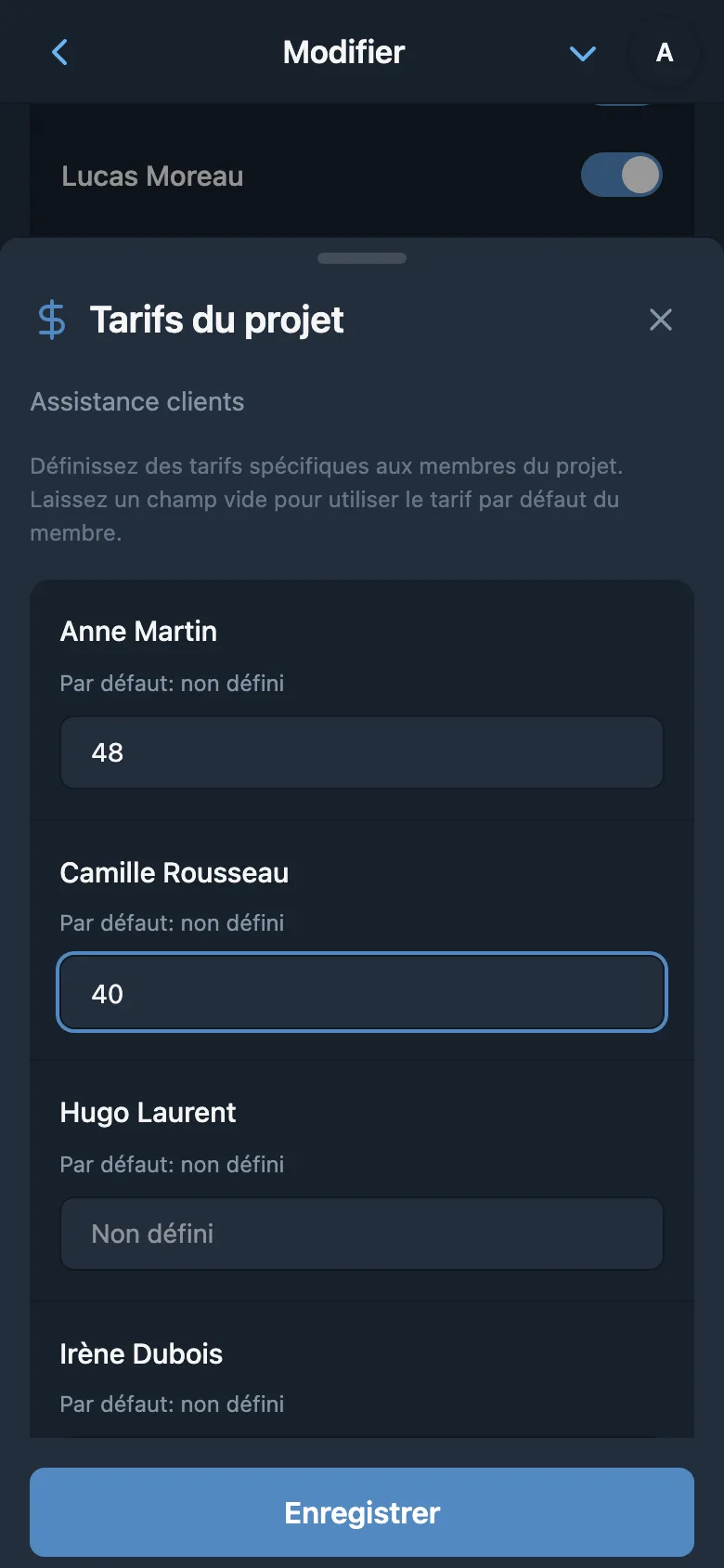 Tarifs individuels des membres pour le projet sélectionné