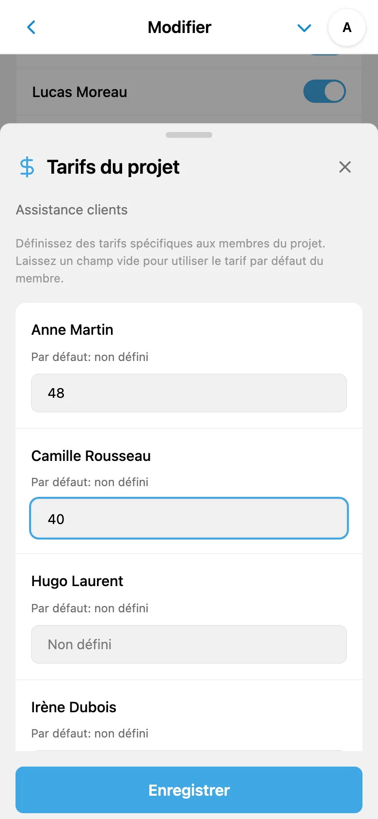 Tarifs individuels des membres pour le projet sélectionné