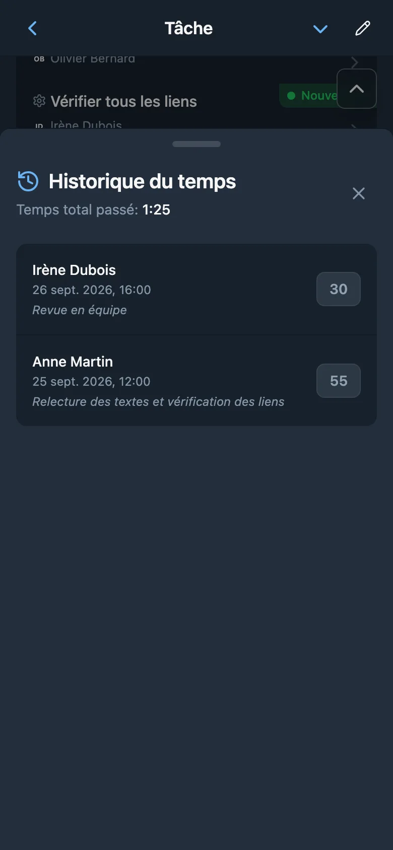 Saisies de temps d’une tâche avec durées et commentaires