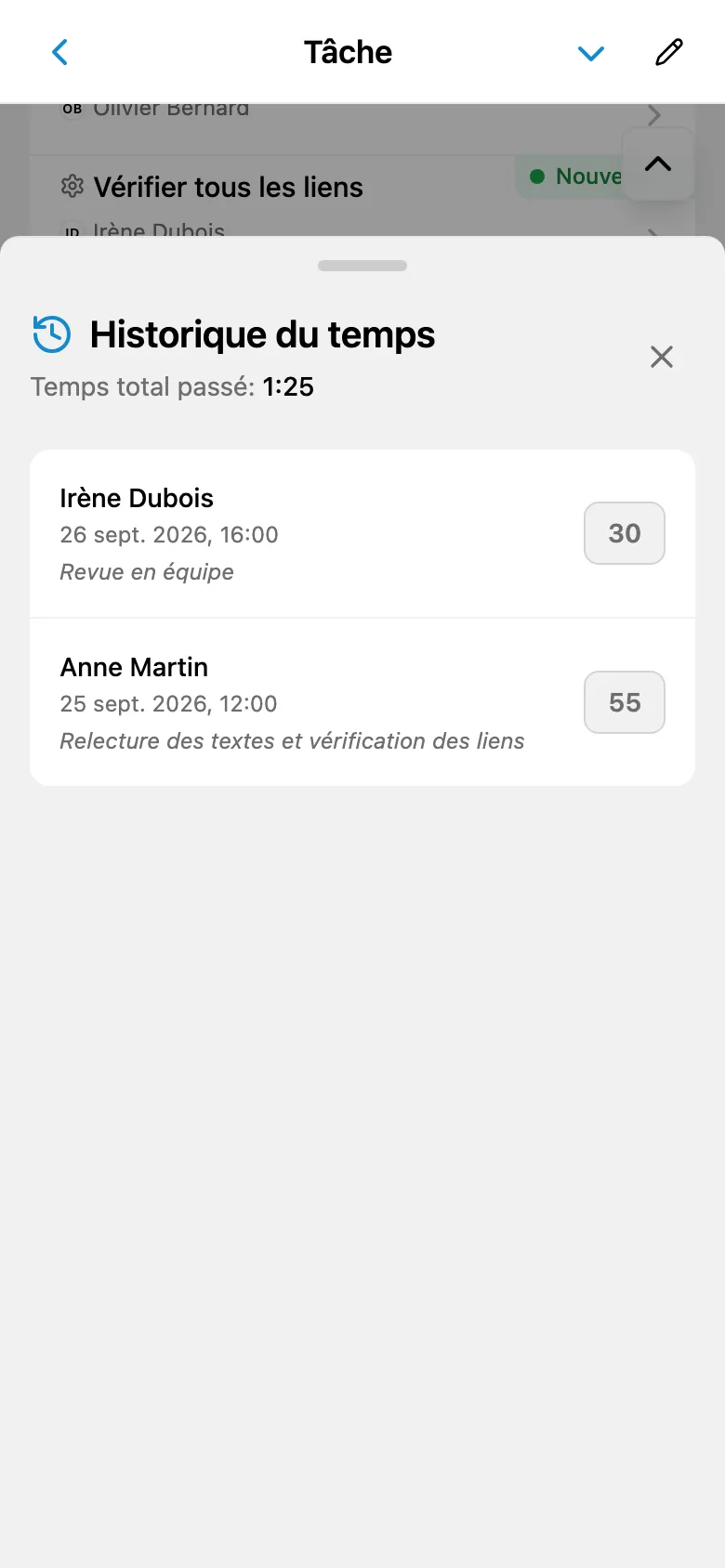 Saisies de temps d’une tâche avec durées et commentaires