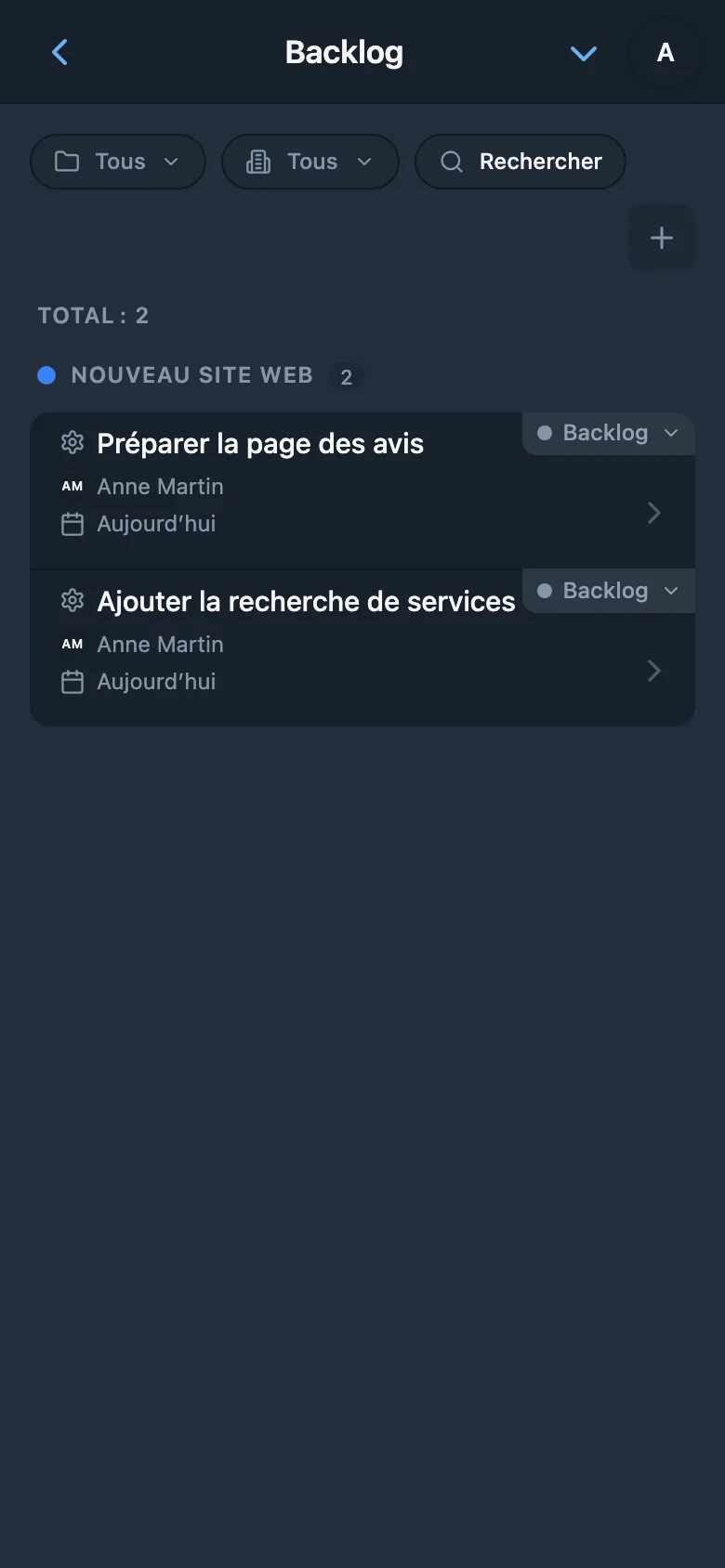 Backlog d’un projet contenant les tâches non commencées
