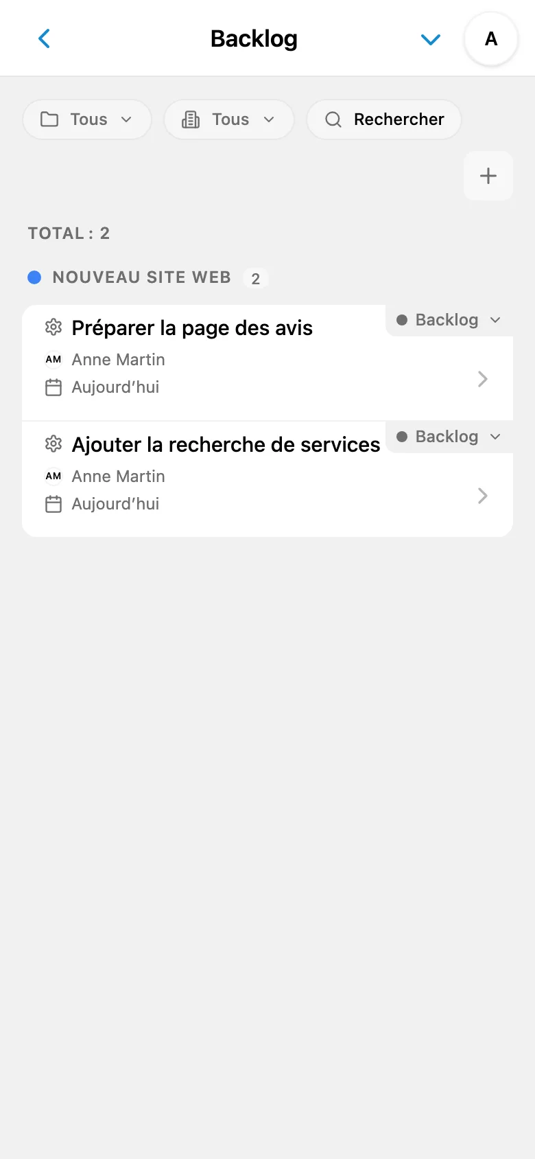 Backlog d’un projet contenant les tâches non commencées