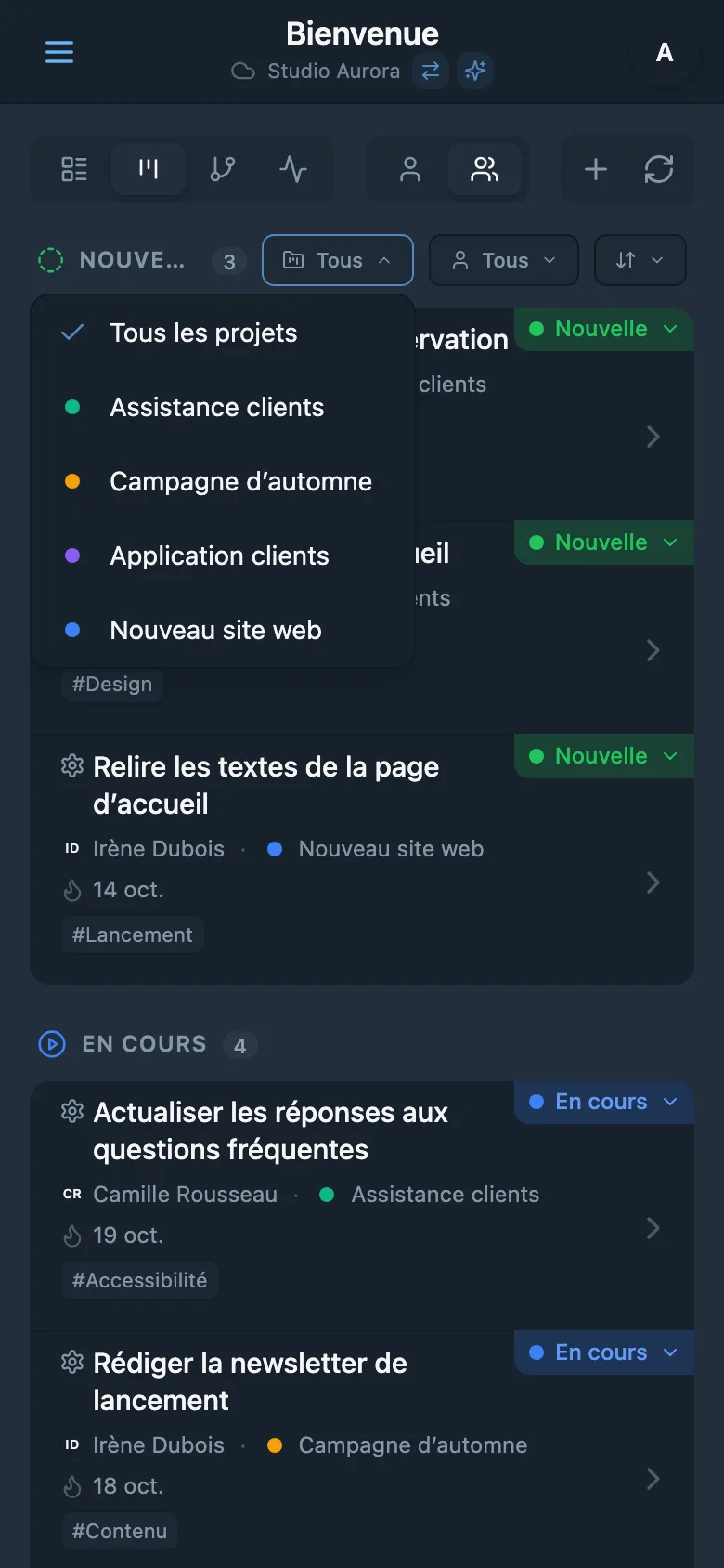 Panneau de filtrage des tâches par projet