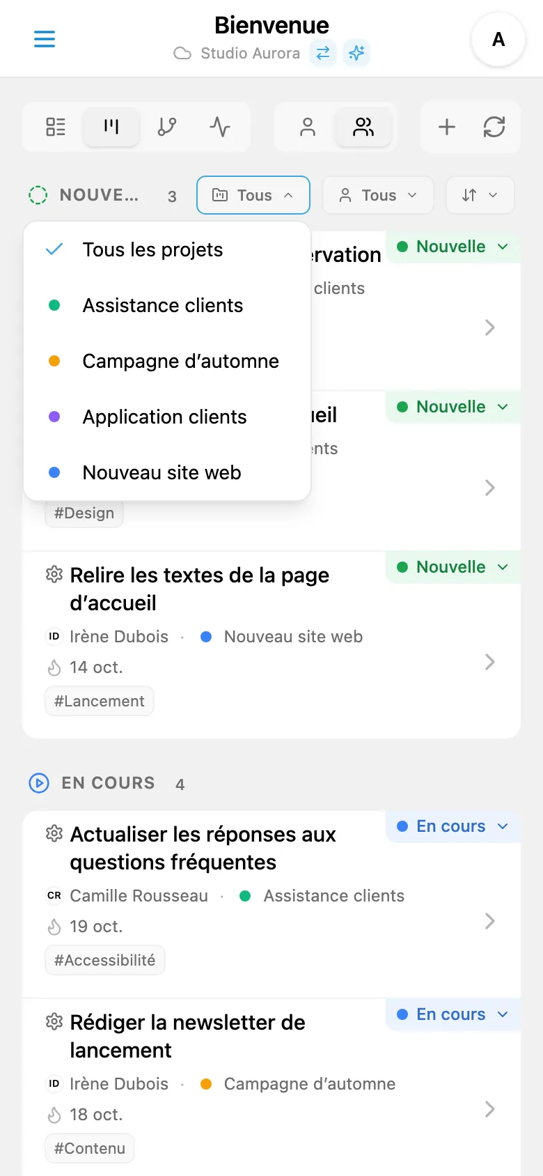 Panneau de filtrage des tâches par projet
