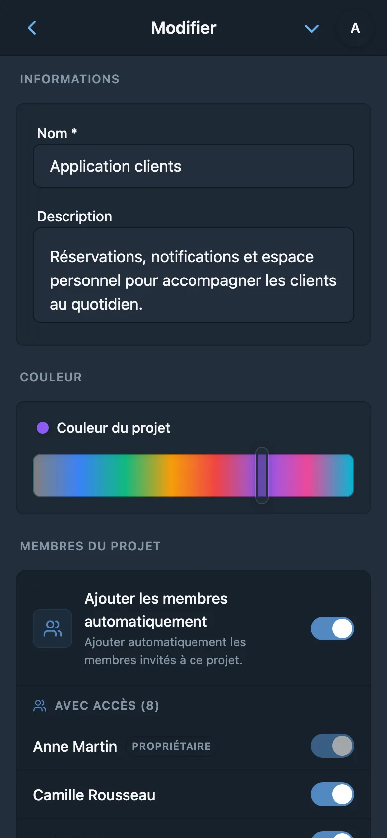 Choix d’une couleur dans les paramètres du projet