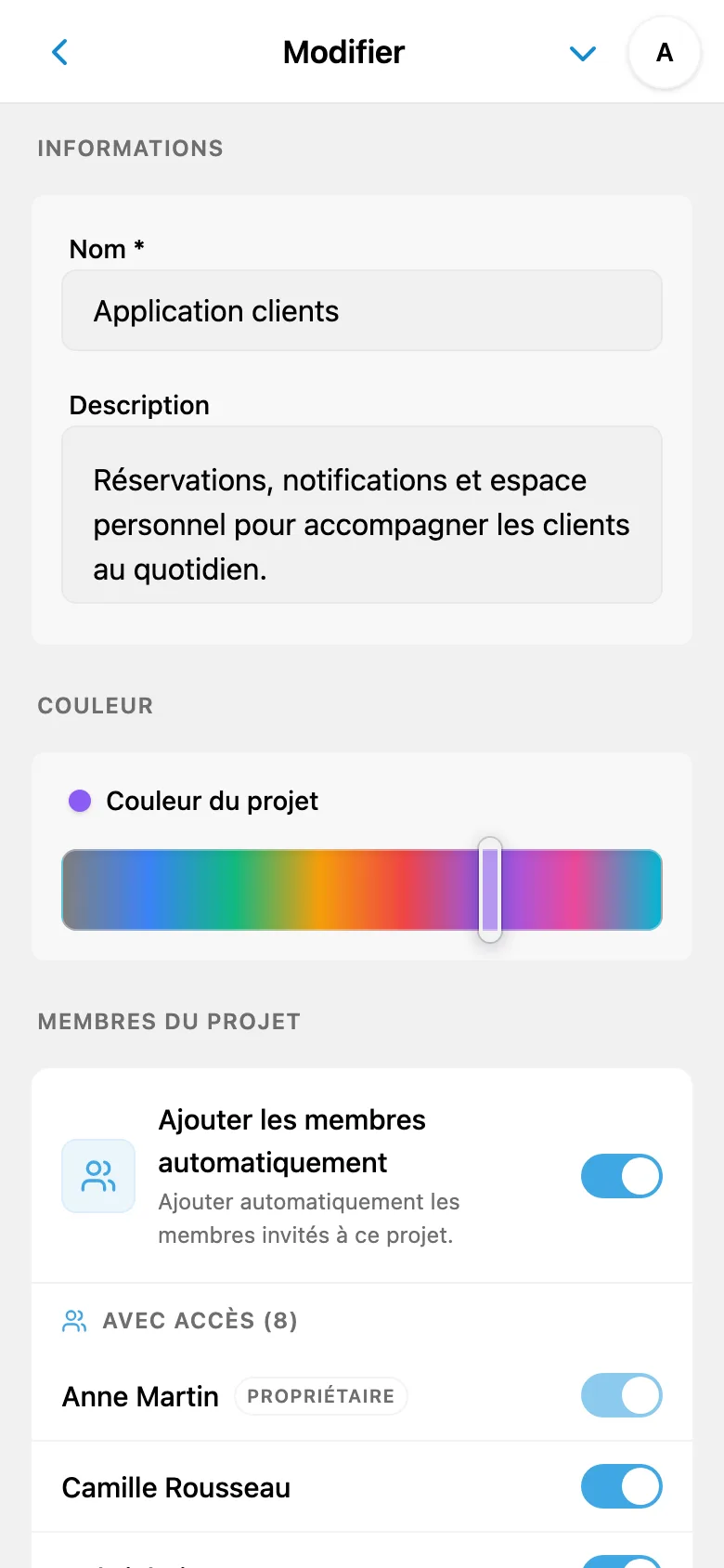 Choix d’une couleur dans les paramètres du projet