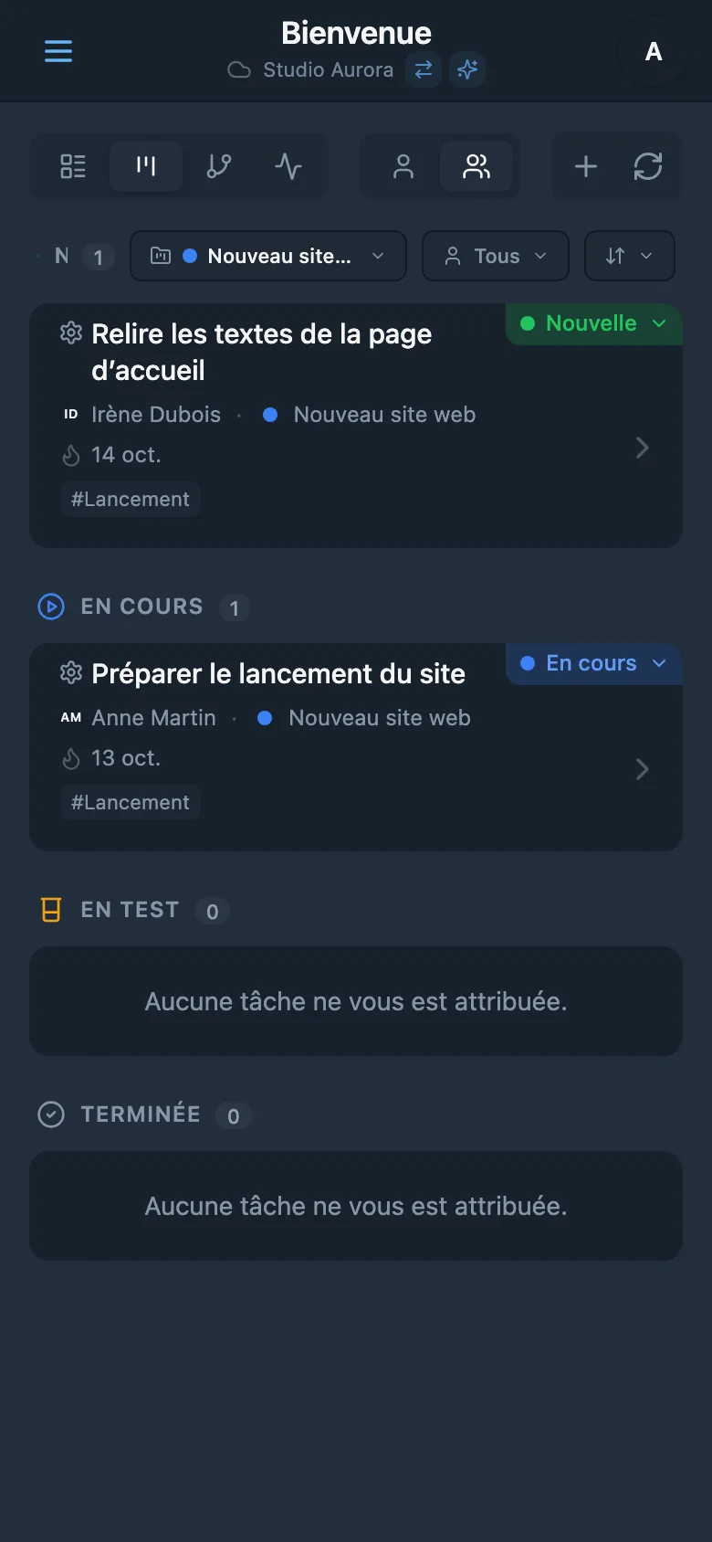 Tâches du projet sélectionné avec son repère de couleur