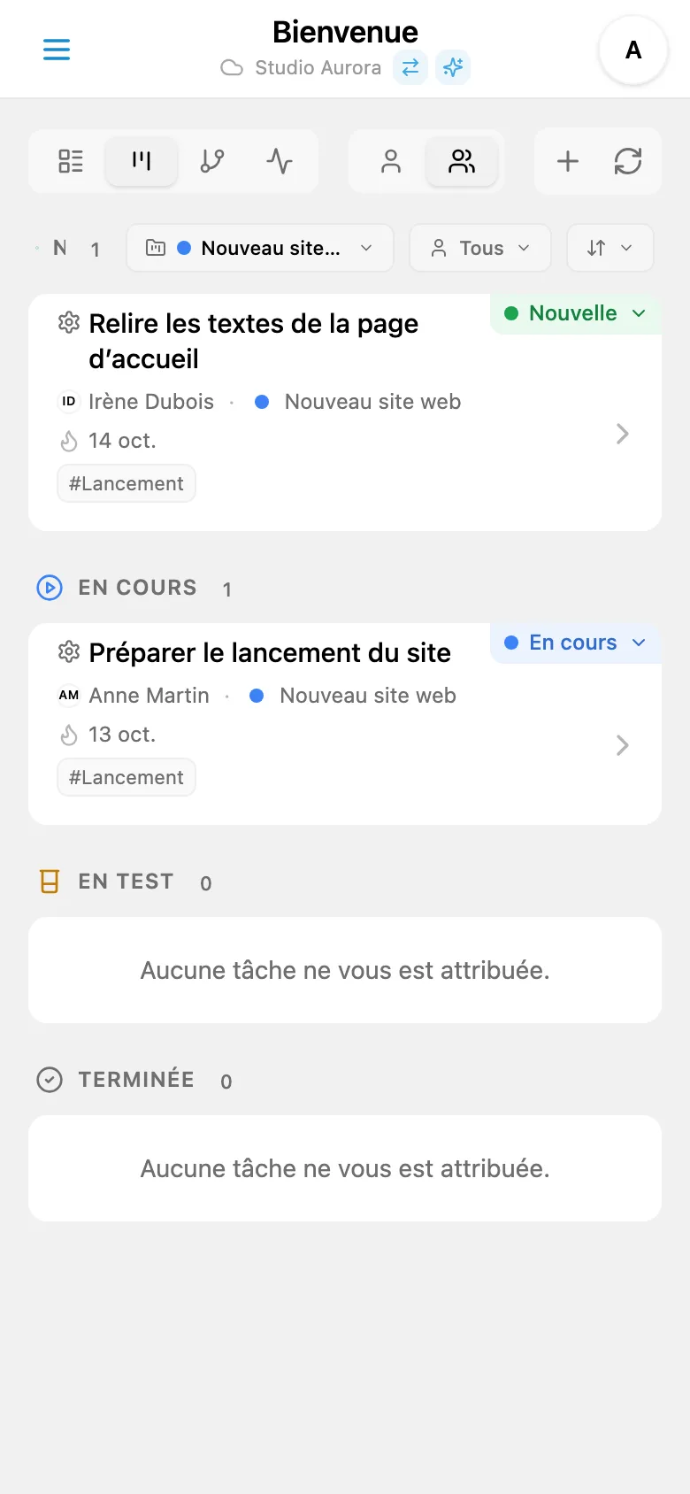 Tâches du projet sélectionné avec son repère de couleur