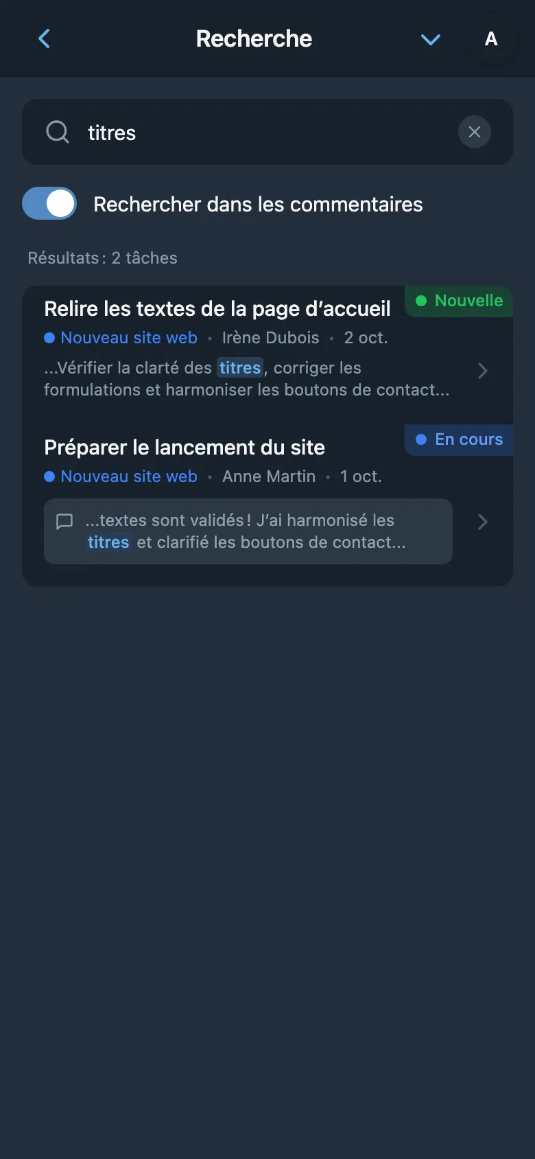Résultats de recherche dans les commentaires des tâches