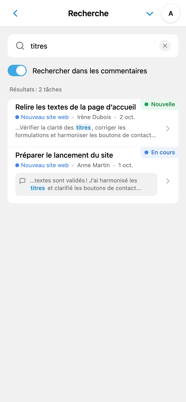 Résultats de recherche dans les commentaires des tâches
