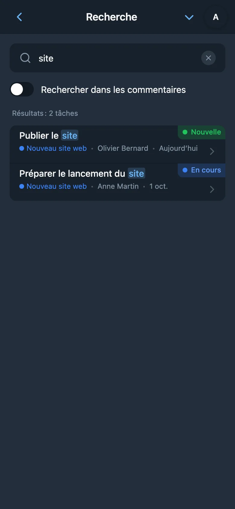 Recherche de tâches avec requête saisie et résultats affichés