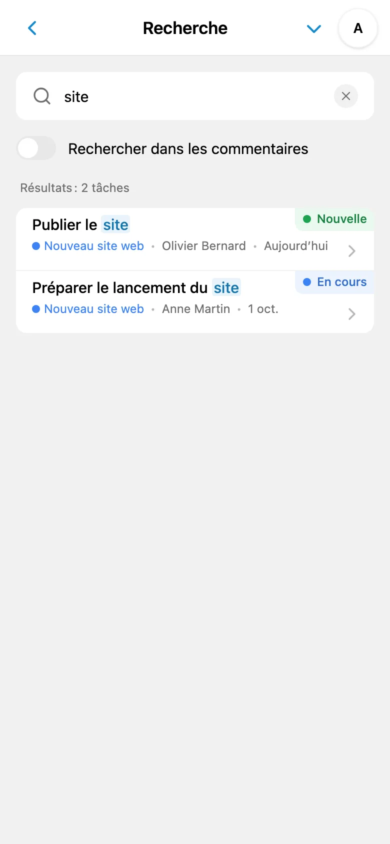 Recherche de tâches avec requête saisie et résultats affichés