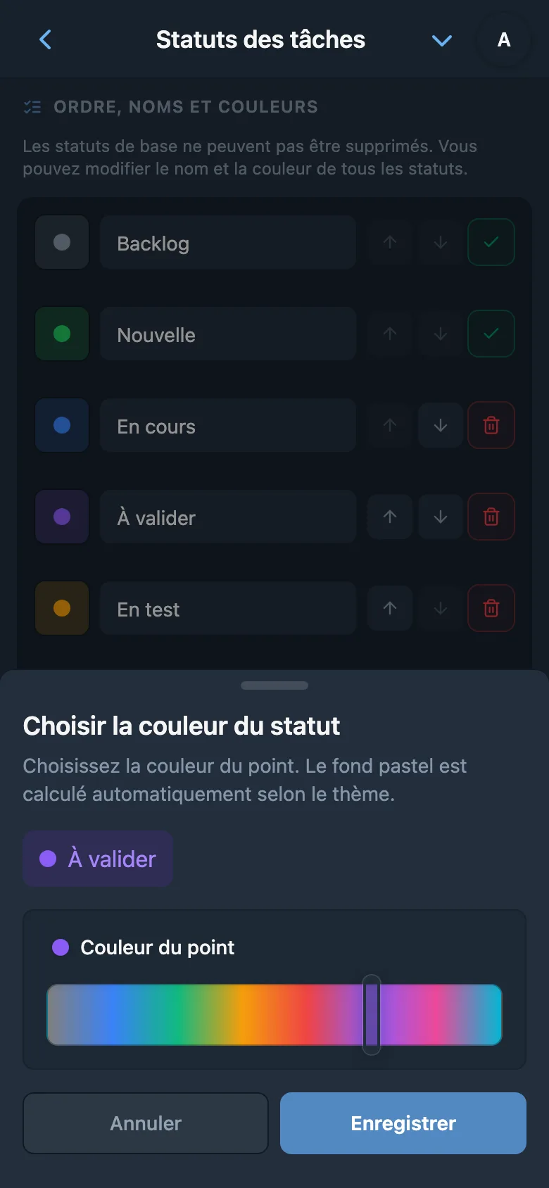 Modification du nom et sélection de la couleur d’un statut de tâche