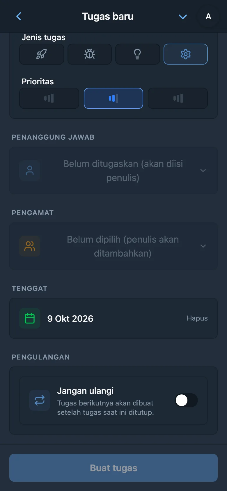 Tenggat yang dikenali dalam formulir tugas yang sama