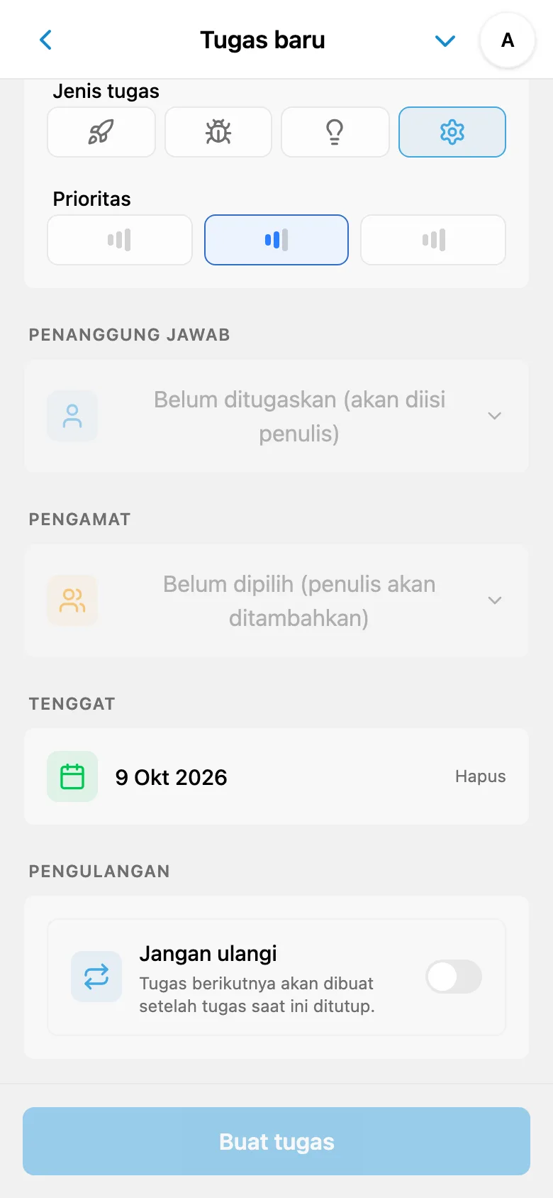 Tenggat yang dikenali dalam formulir tugas yang sama