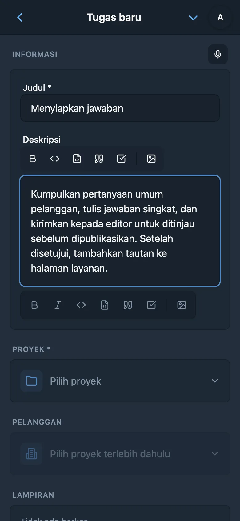 Pengeditan deskripsi tugas setelah input suara