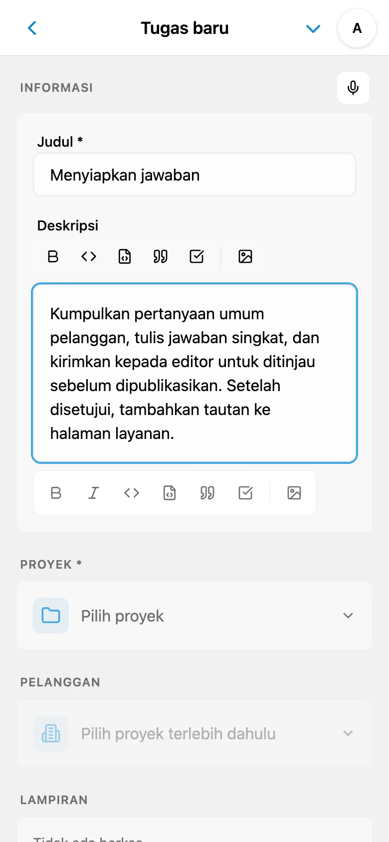 Pengeditan deskripsi tugas setelah input suara