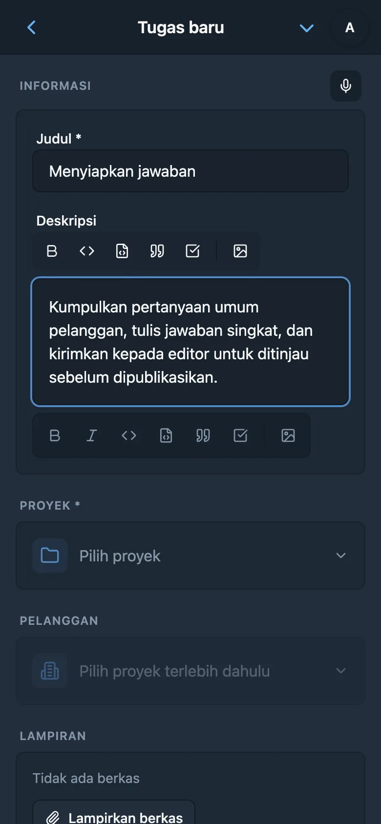 Judul dan deskripsi tugas yang disiapkan dari dikte
