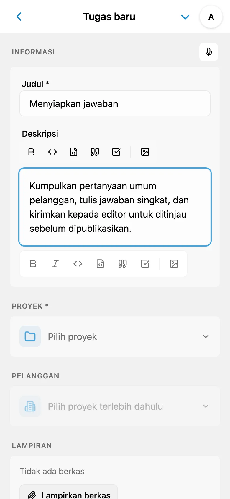 Judul dan deskripsi tugas yang disiapkan dari dikte