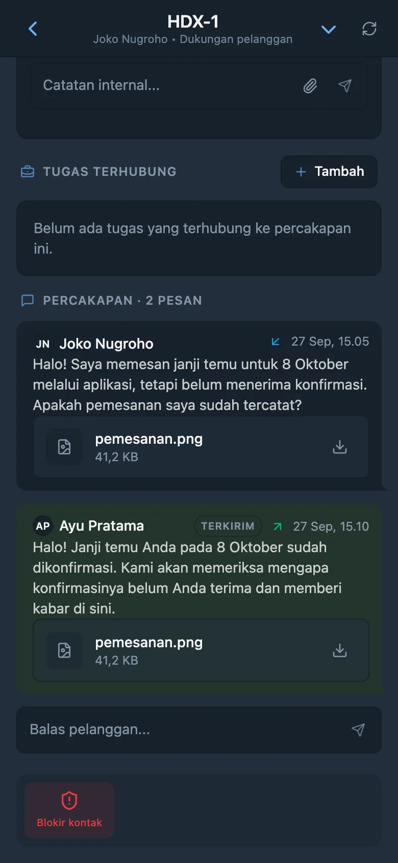 Balasan HelpDesk eksternal kepada pelanggan dengan lampiran berkas