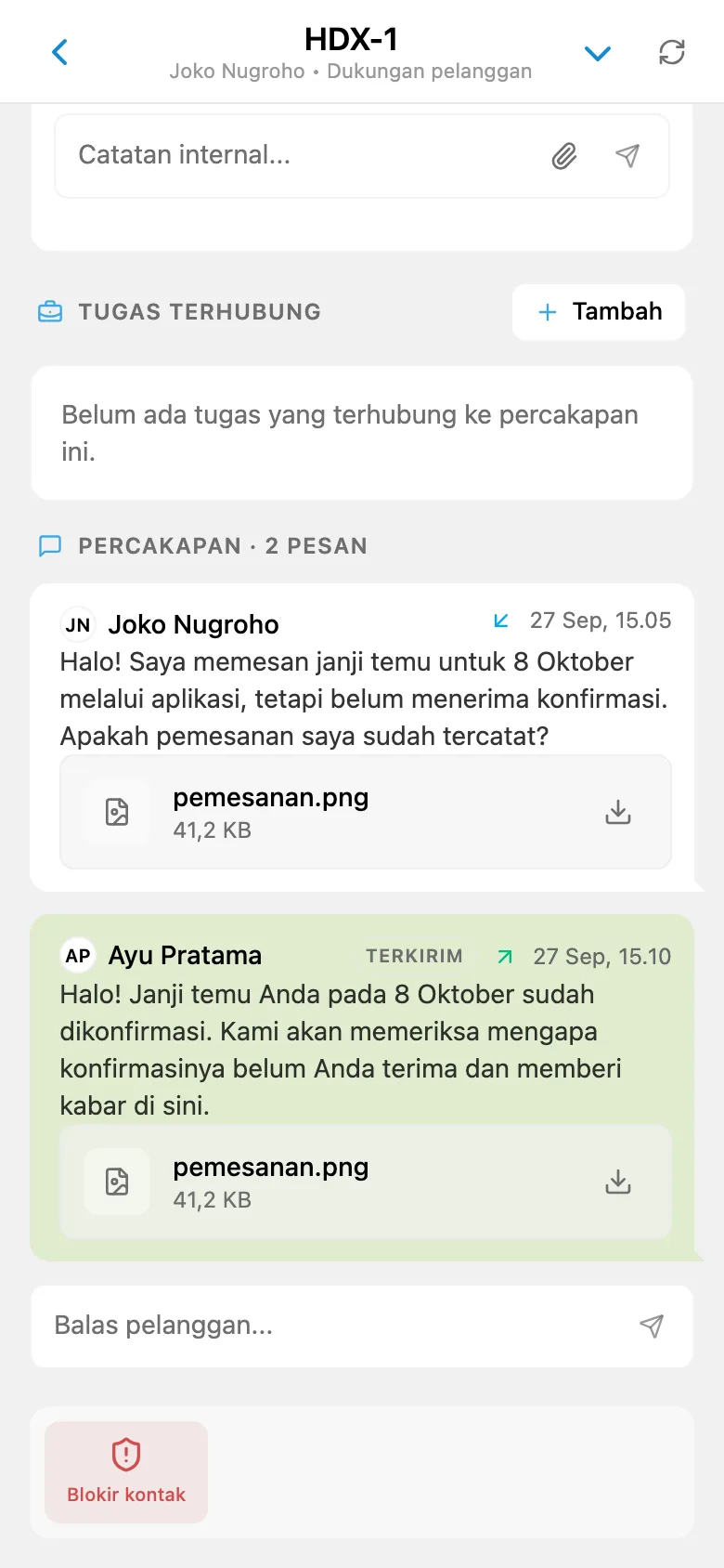 Balasan HelpDesk eksternal kepada pelanggan dengan lampiran berkas