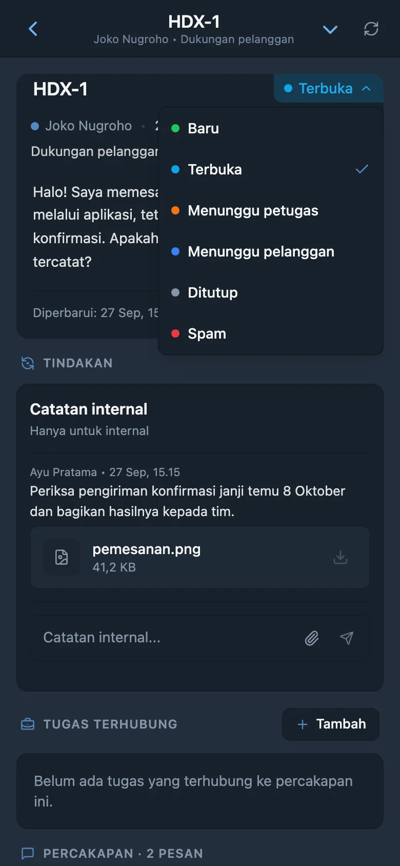 Permintaan pelanggan terbuka dengan status dan penanggung jawab