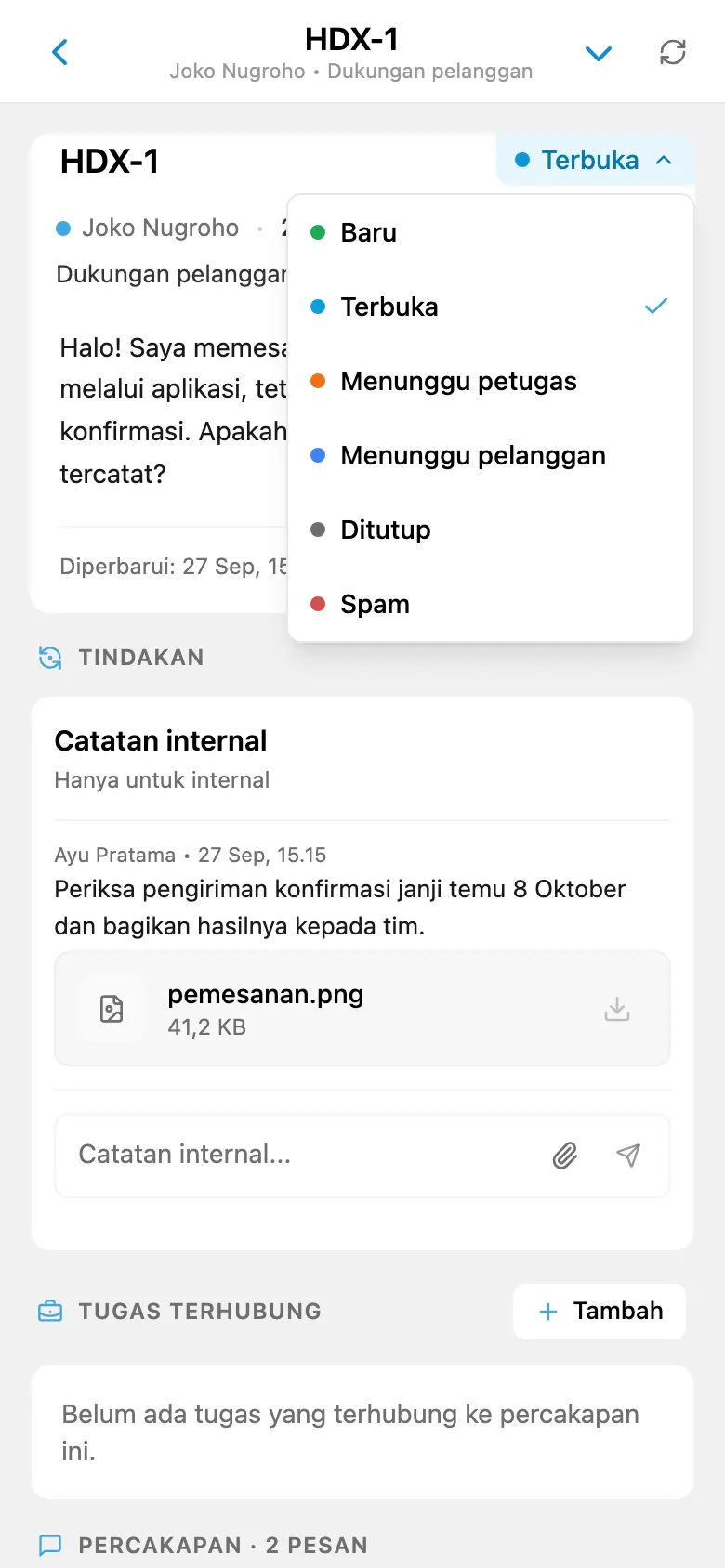 Permintaan pelanggan terbuka dengan status dan penanggung jawab