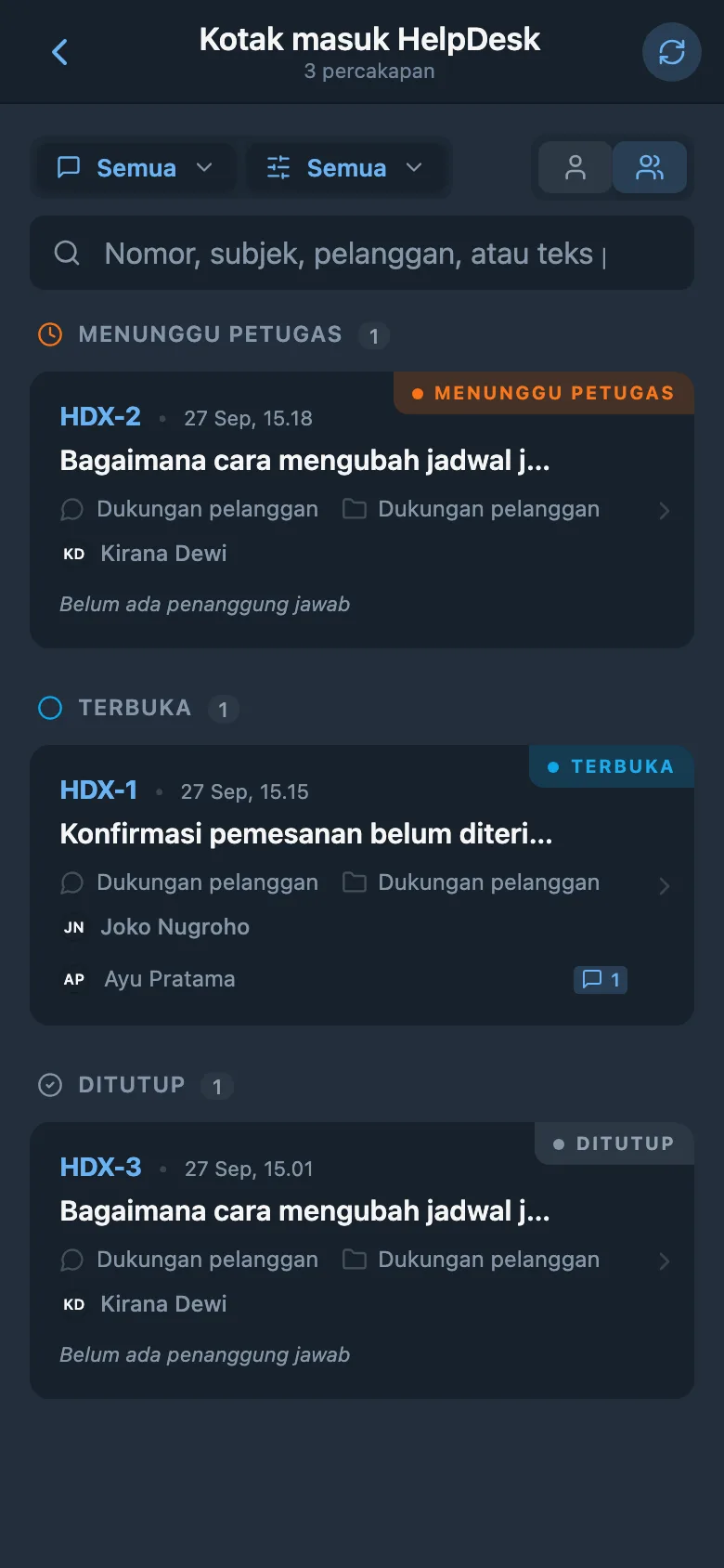 Permintaan pelanggan masuk dengan beragam status