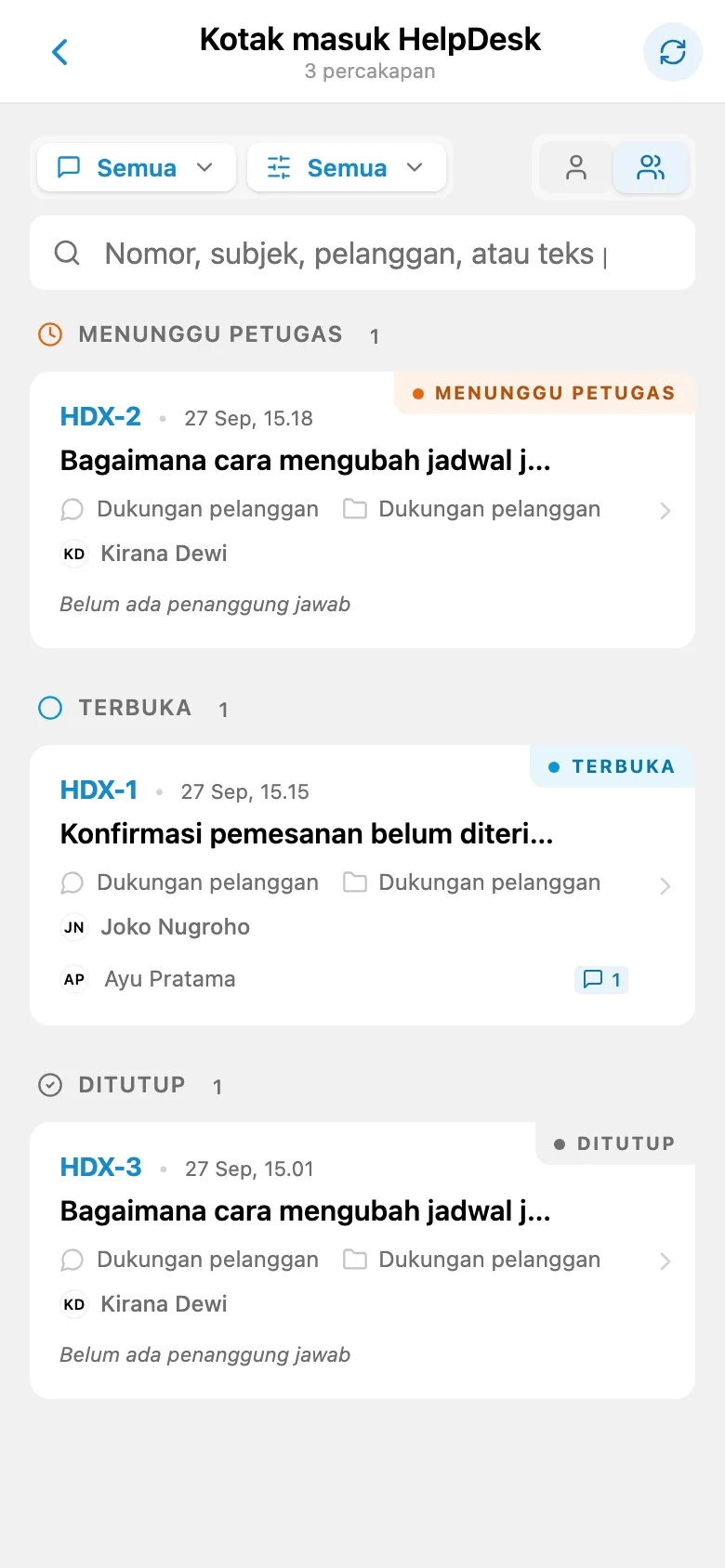 Permintaan pelanggan masuk dengan beragam status