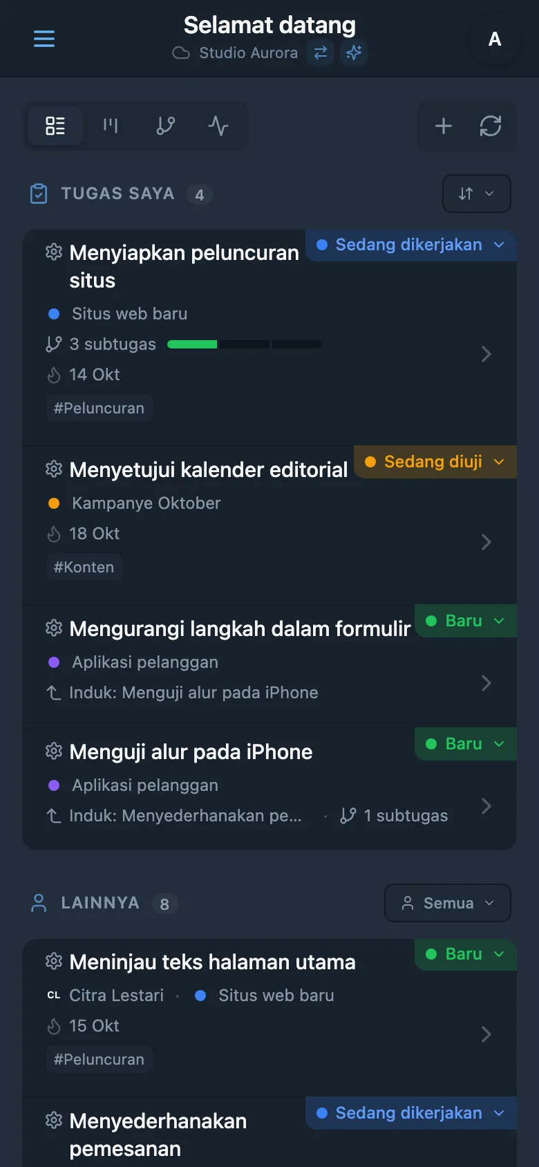 Daftar tugas studio dengan status, proyek, dan tenggat