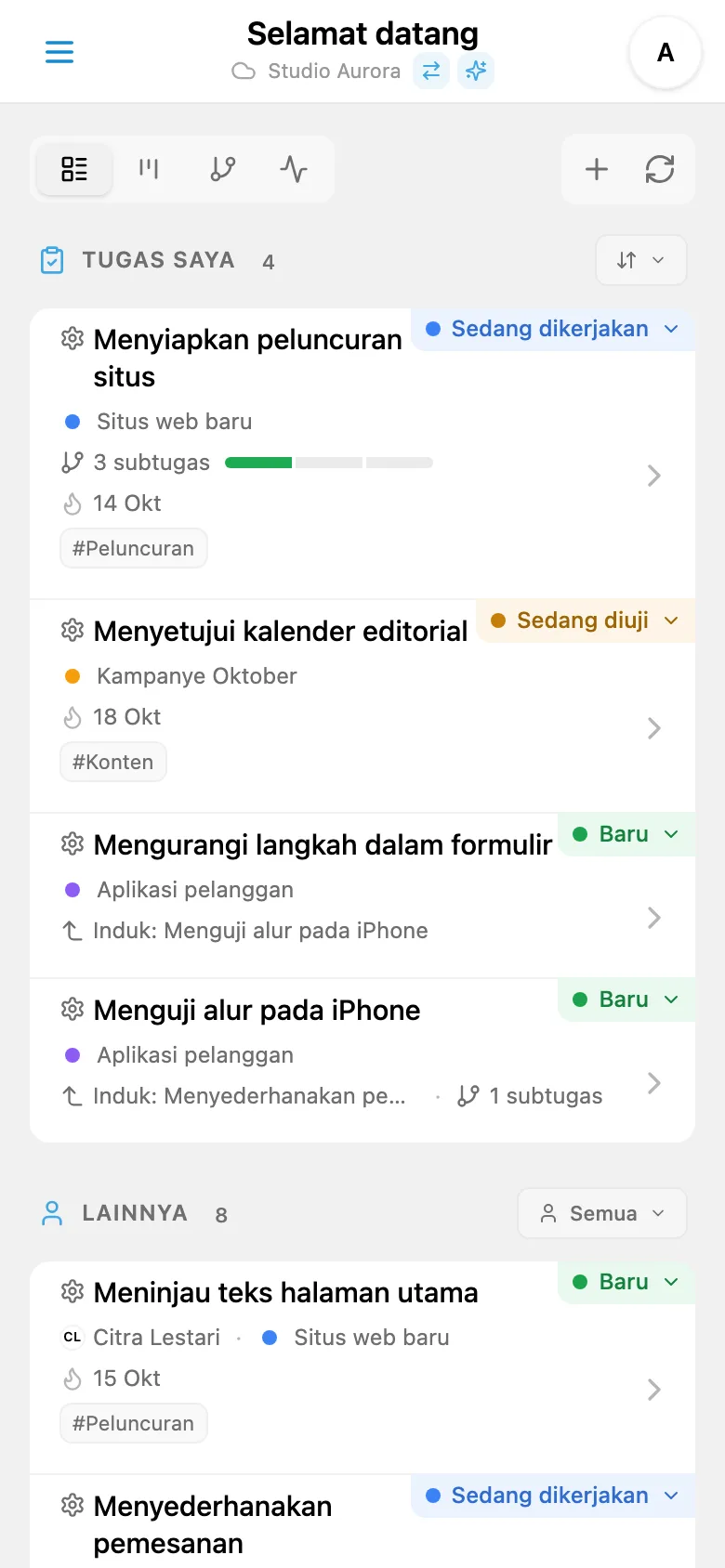 Daftar tugas studio dengan status, proyek, dan tenggat