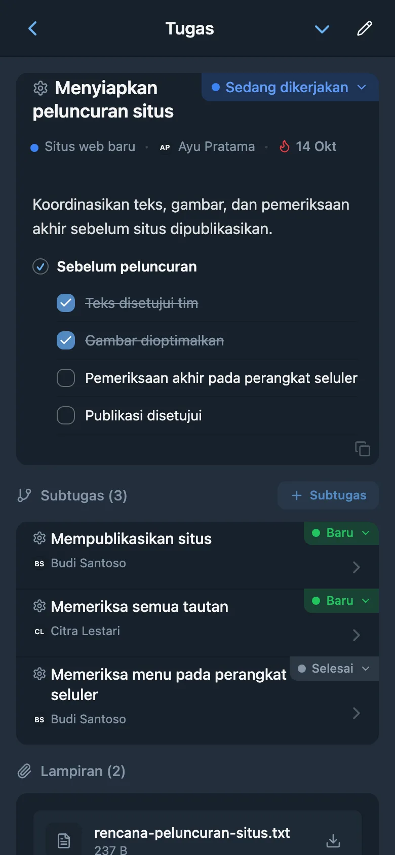 Kartu tugas situs web baru dengan penanggung jawab, daftar periksa, dan subtugas