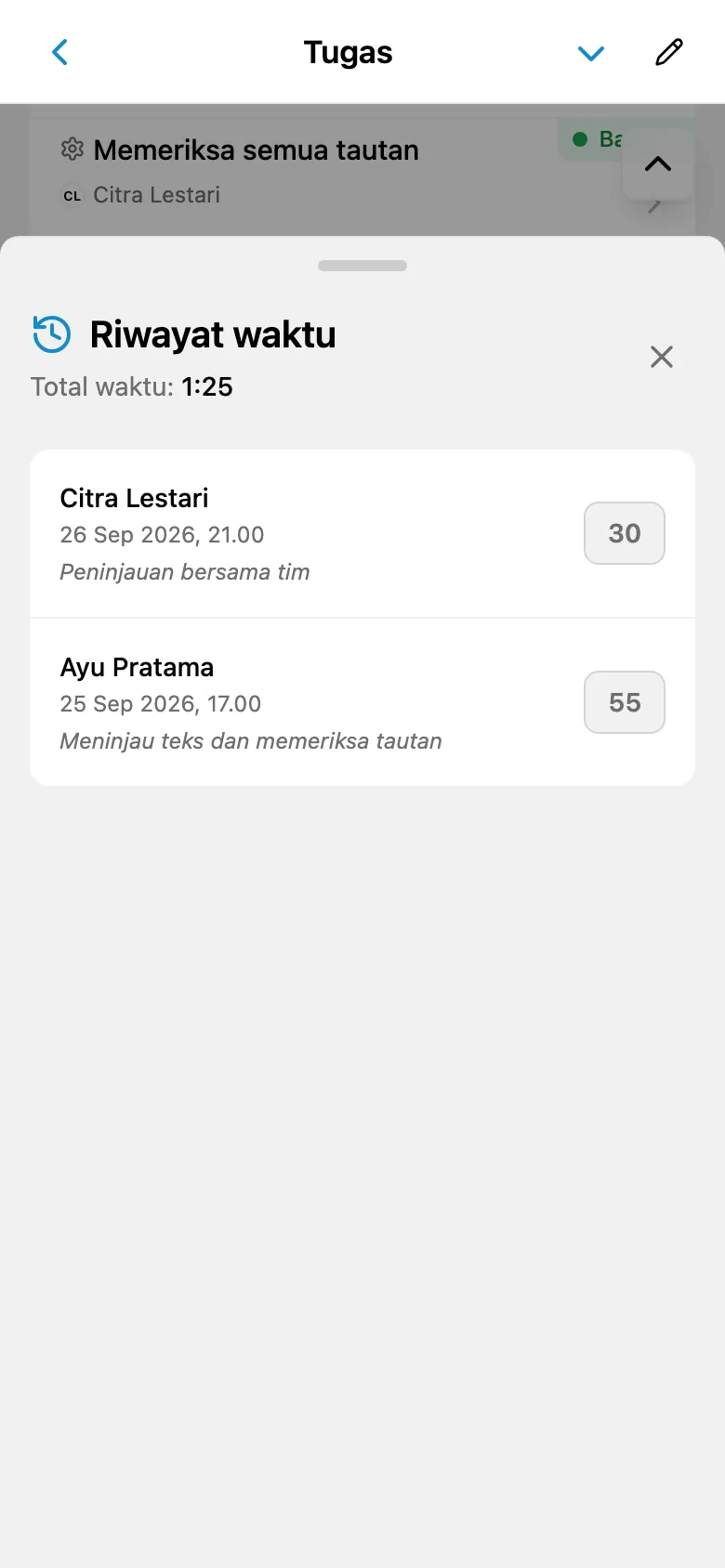 Catatan waktu tugas beserta durasi dan komentar