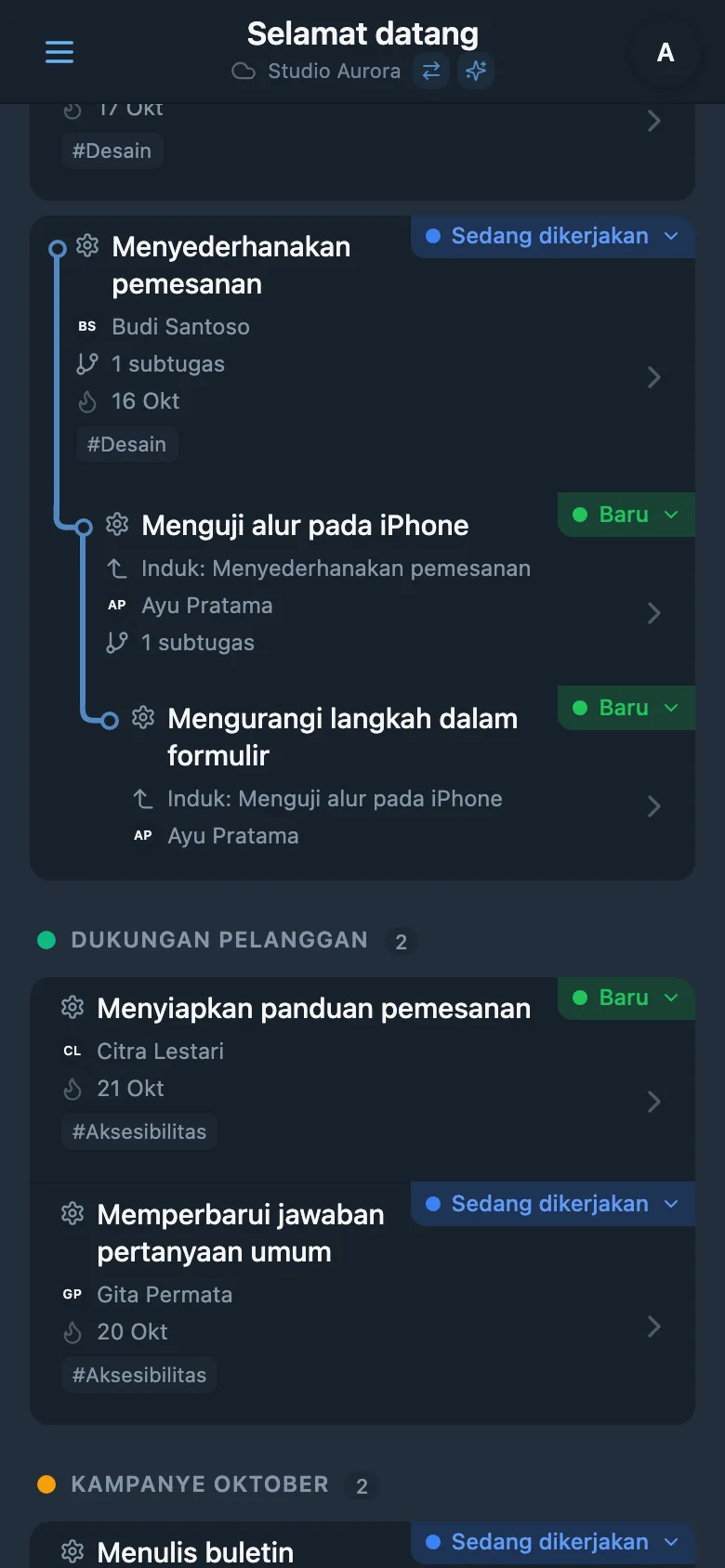 Pohon tugas proyek yang diperluas hingga beberapa tingkat subtugas