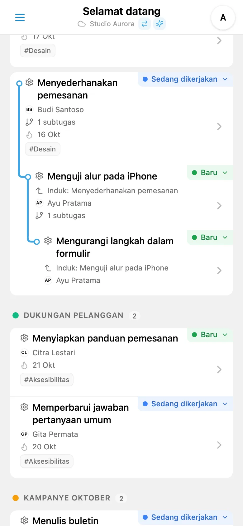 Pohon tugas proyek yang diperluas hingga beberapa tingkat subtugas