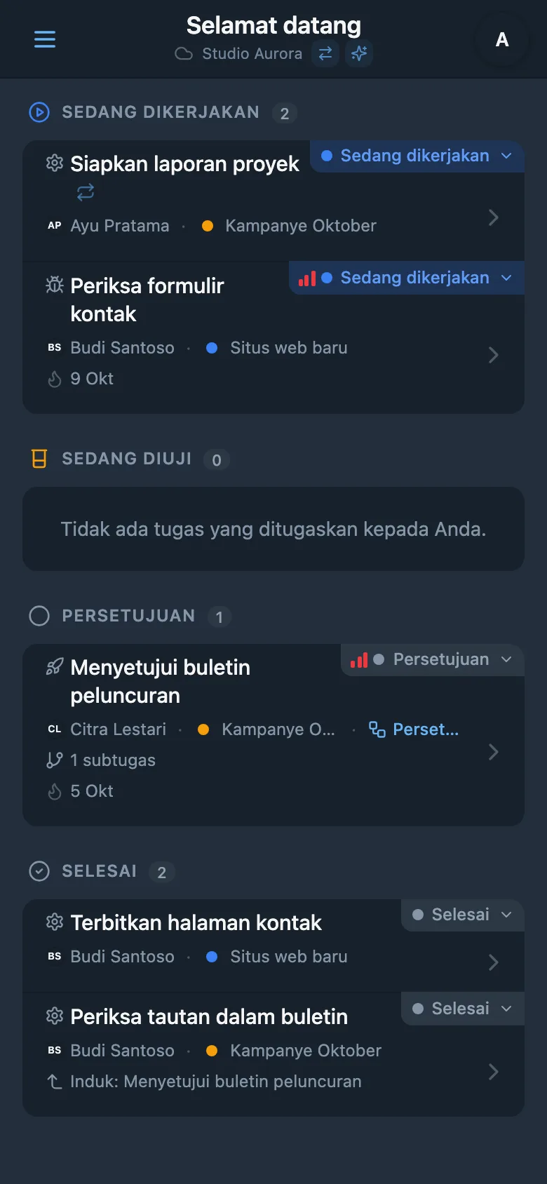 Kolom tugas selesai pada papan Kanban