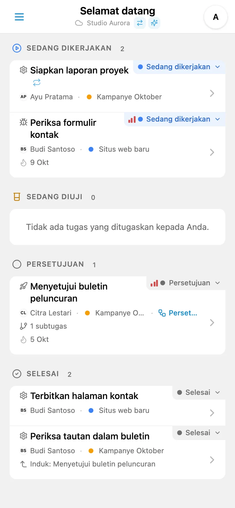 Kolom tugas selesai pada papan Kanban