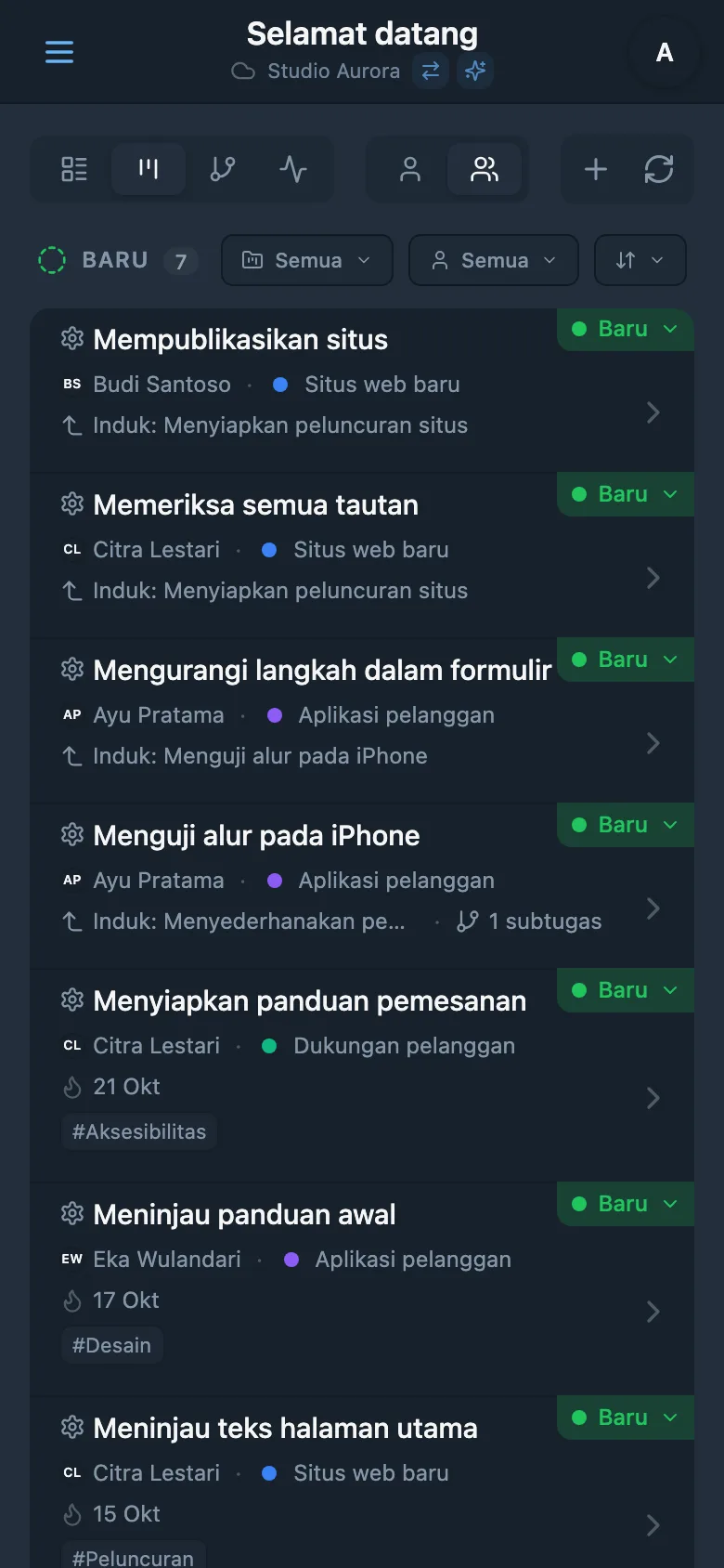 Papan Kanban dengan tugas yang dikelompokkan berdasarkan status
