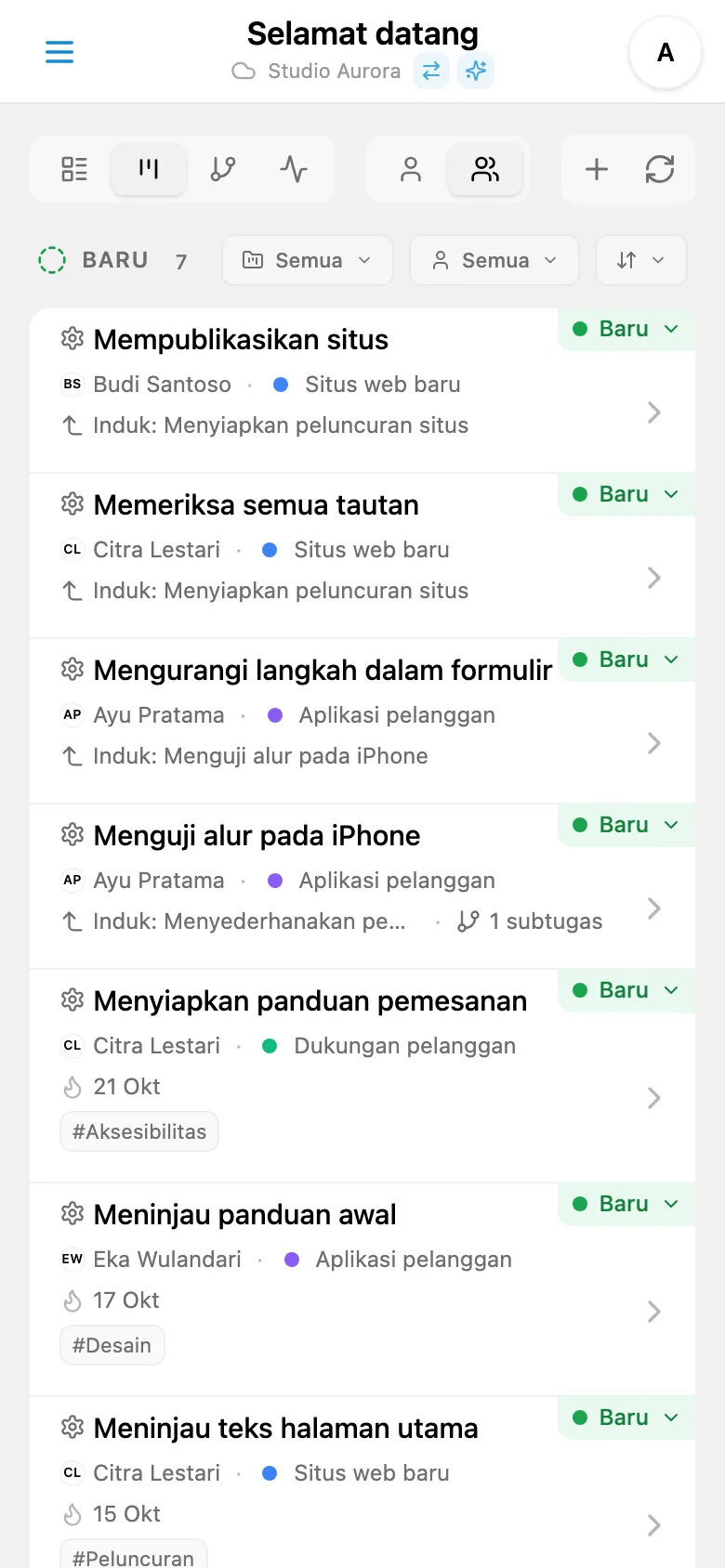 Papan Kanban dengan tugas yang dikelompokkan berdasarkan status