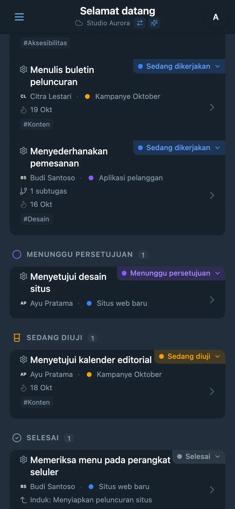 Papan Kanban dengan status khusus