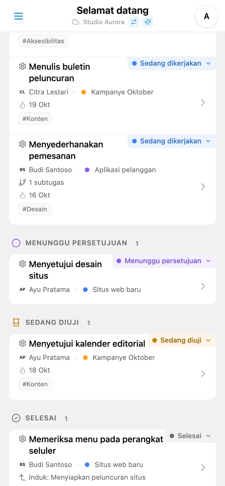 Papan Kanban dengan status khusus